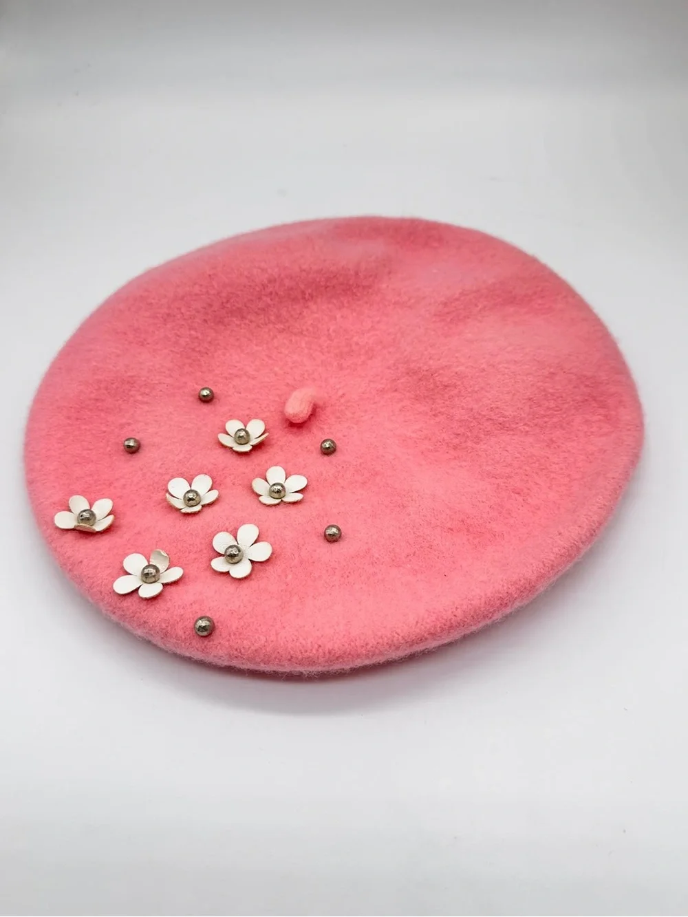 Girls Pink Beret Hat Polyester Wool-Look Floral White Flower Studded